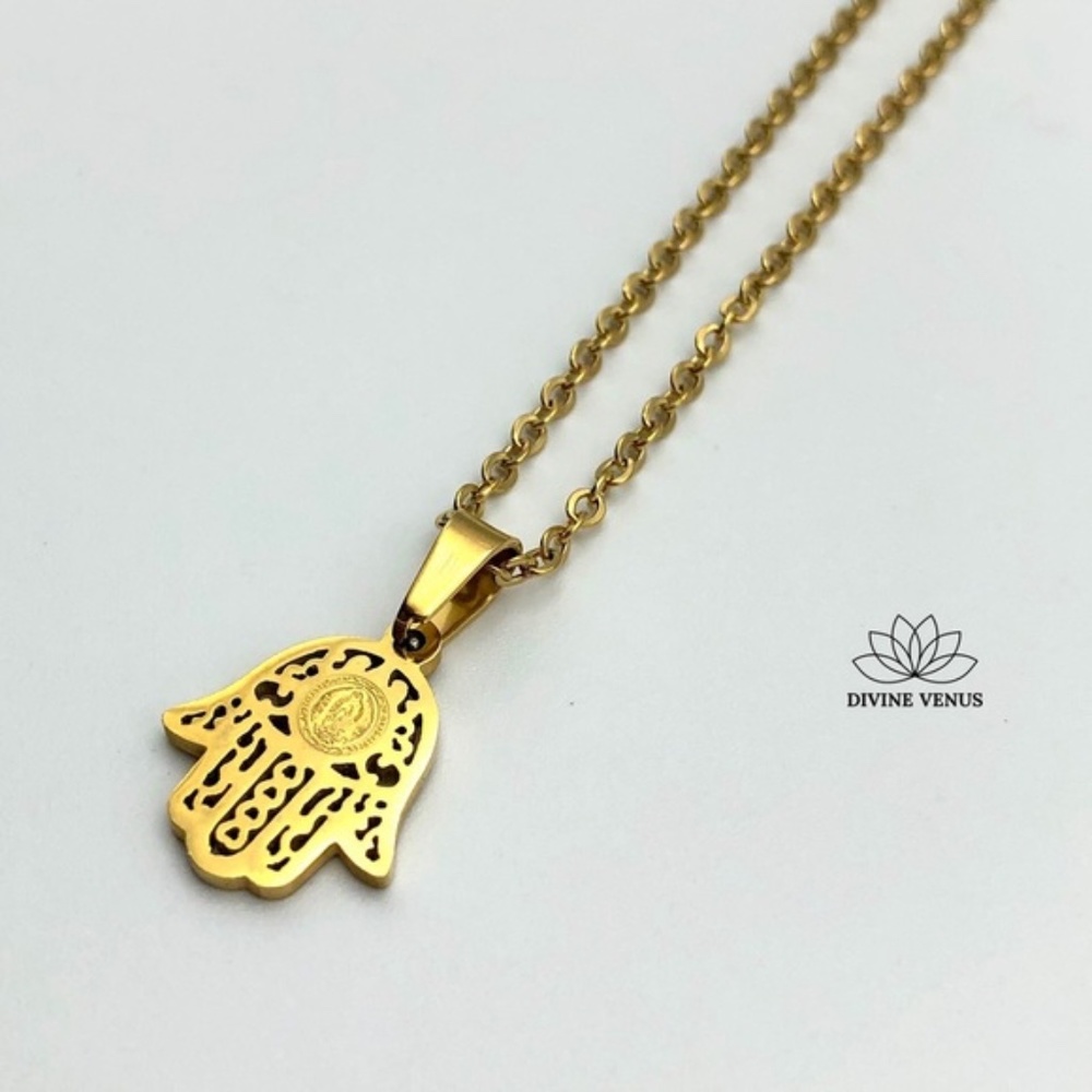 Hamsa Blessed Mother Hand of God Necklace | Gold Plated Stainless Steel - Picture 3 of 7